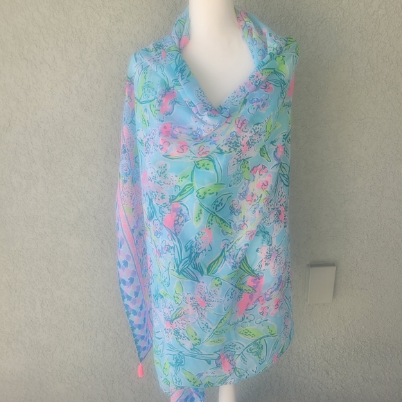 Lilly Pulitzer Other - Lilly Pulitzer Pareo Wrap/Scarf Sway This Way Blue Pink Print Tassels 40X74